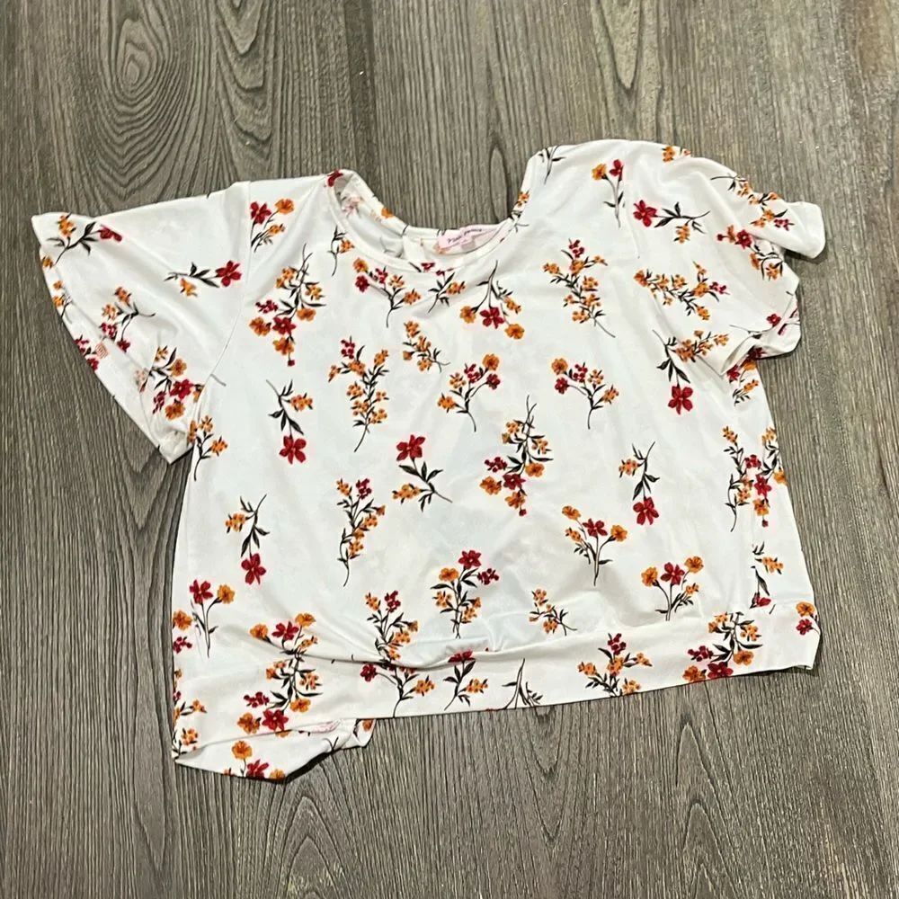 Pink Peony Womens Floral Crop Blouse Cut Out Tie Back Crewneck White Size Small